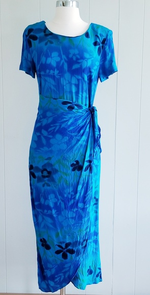 1980s K.C.‎ Spencer Blue/Green Tropical Dress - Picture 1 of 5
